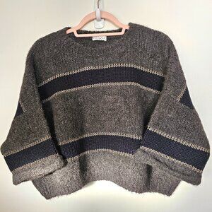 Brunello Cucinelli Alpaca Virgin Wool Metallic Stripe Cropped Sweater, XL, Grey